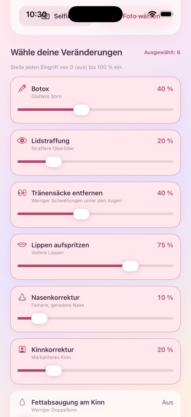 App-Regler zur Auswahl kosmetischer Veränderungen und ihrer Intensität
