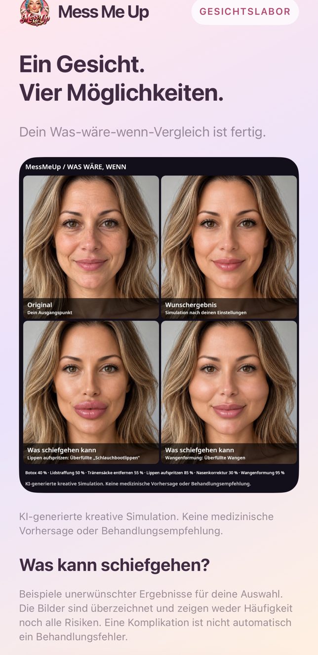 Ergebnisbildschirm mit dem Vier-Bilder-Vergleich aus Original, Wunschergebnis und zwei unerwünschten Ergebnissen