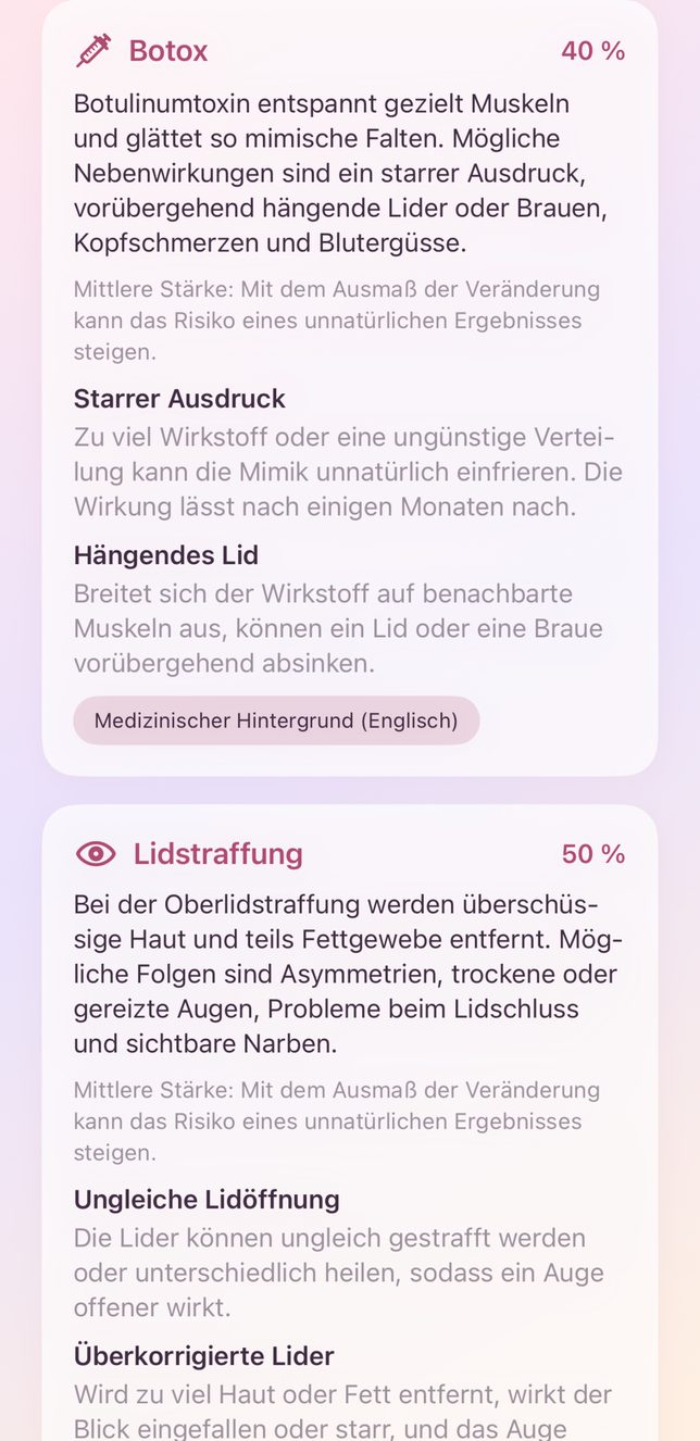 Risikohinweise in der App zu Botox und Lidstraffung