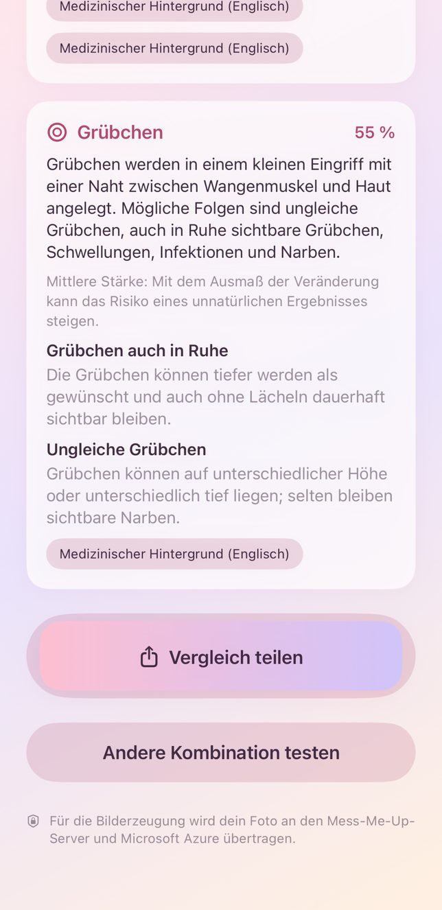 Risikohinweise in der App zu Grübchen mit Schaltflächen zum Teilen des Vergleichs