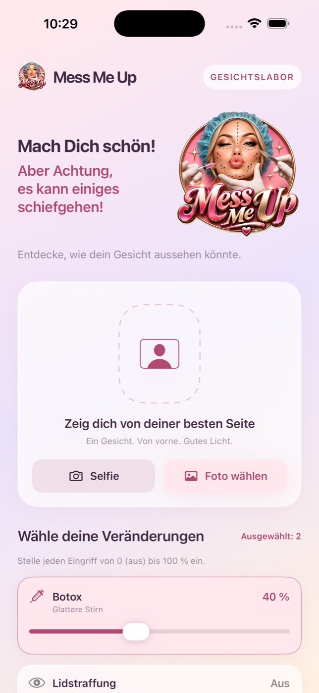 Mess Me Up Startbildschirm mit Selfie- und Fotoauswahl